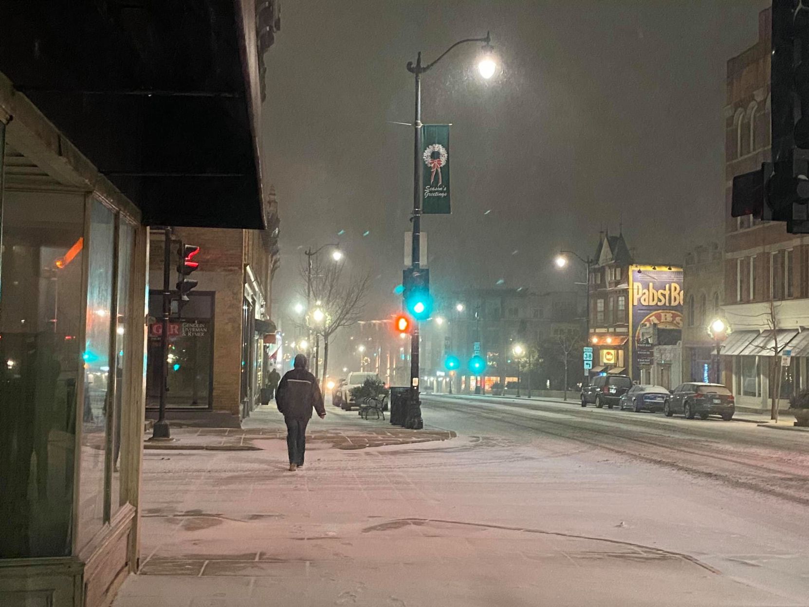 Main Street in Downtown Racine soon after snow started falling Tuesday, Dec. 29, 2020